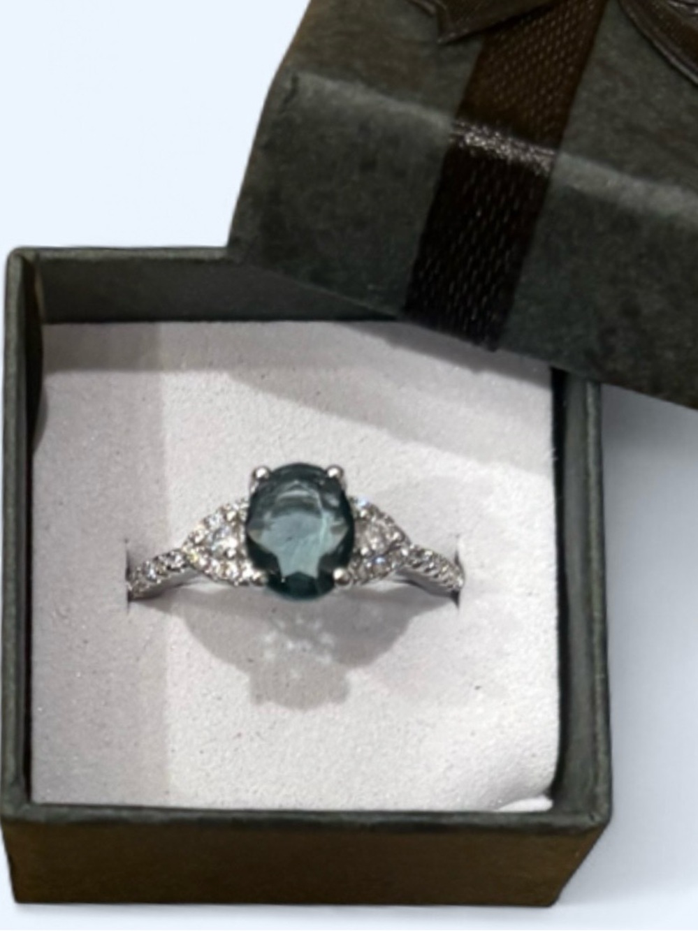 Elegant Silver Ring with Teal Oval Stone and Crystals~Size 8
